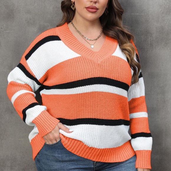 Bold Lines V-Neck Sweater - Pumpkin - Picture 4 of 4